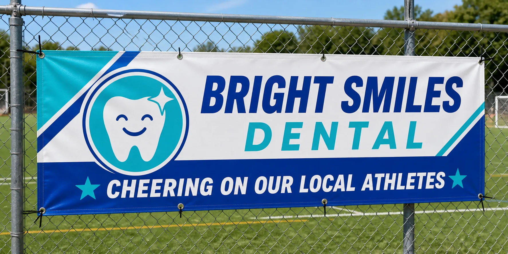 Bright Smiles Dental sponsor banner on a soccer field fence