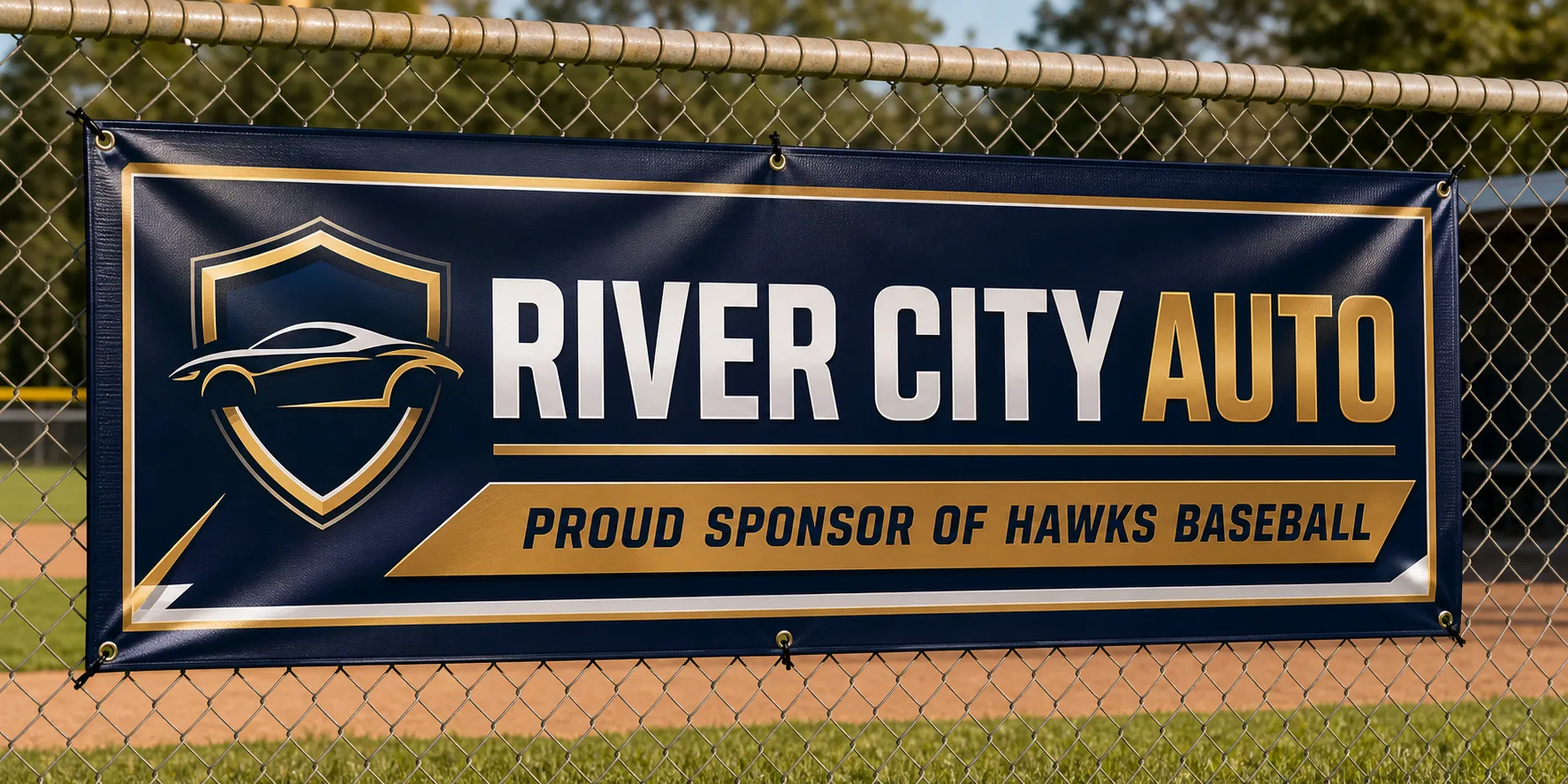 River City Auto sponsor banner on a baseball field fence